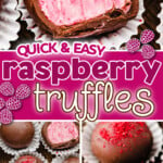 three image collage showing raspberry truffles in a wood box and topped with raspberry dust and many of the truffles are bitten in half. center color block with text overlay.