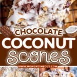 three image collage showing coconut scones topped with icing and chocolate. one image shows the dough cut into wedges, one image shows three scones stacked and the top image is a close up of the scones with icing. center color block with text overlay.