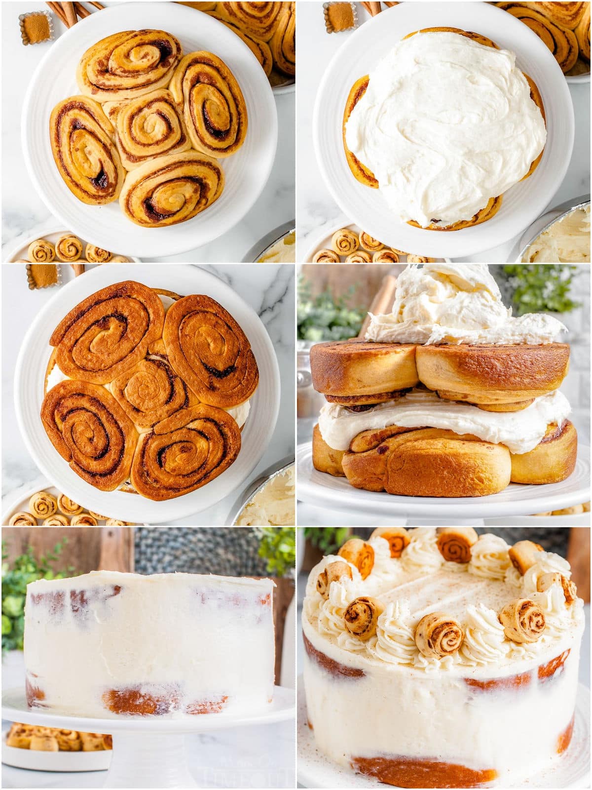 six image collage showing how to assemble the layer cake made with cinnamon rolls and cream cheese buttercream.