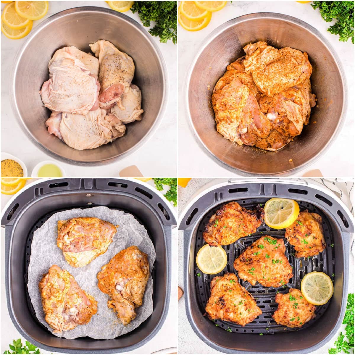 four image collage showing how to cook chicken thighs in air fryer step by step.