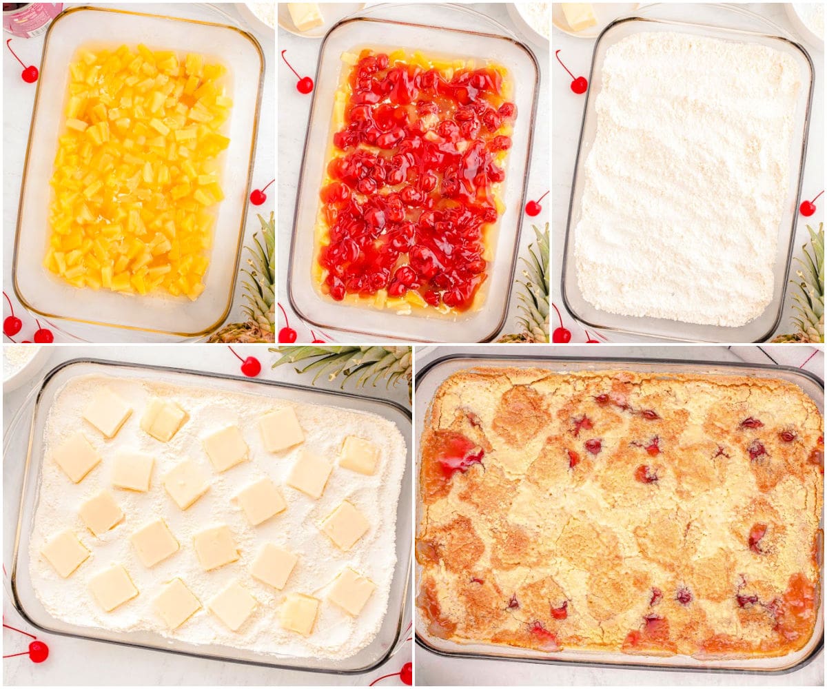 five image collage showing step by step how to make a cherry pineapple dump cake.