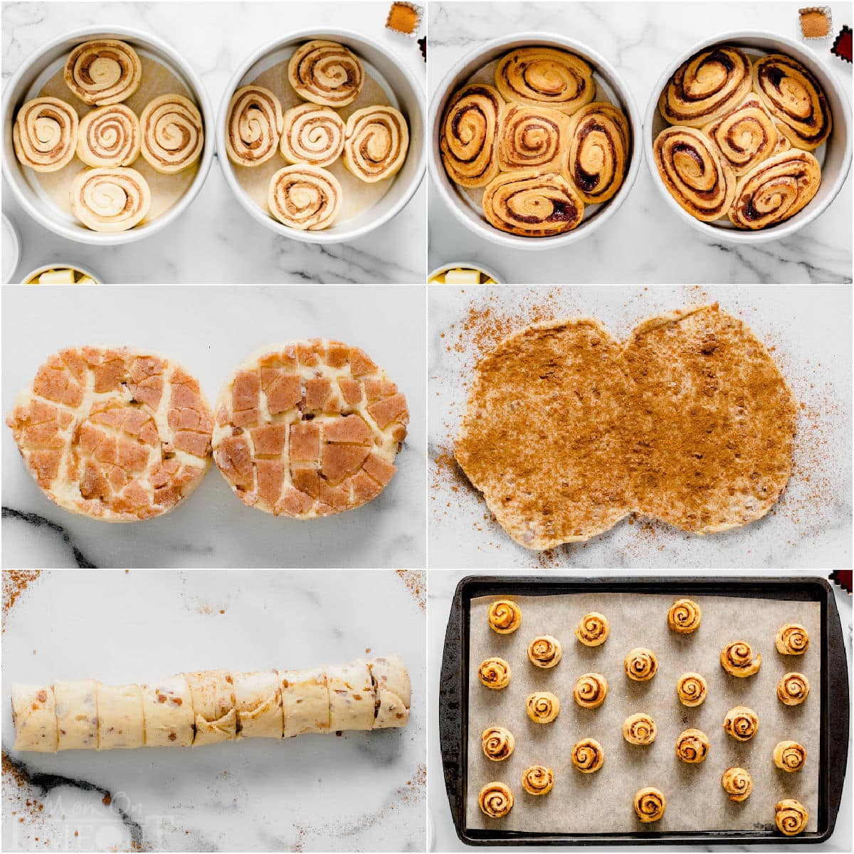 six image collage showing how to prepare cinnamon rolls for the layer cake.