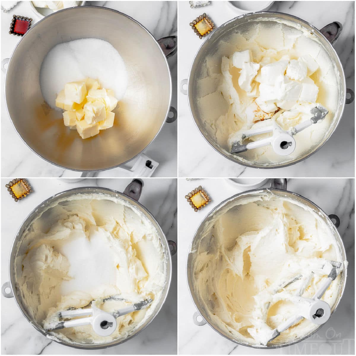 four image collage showing how to make cream cheese buttercream frosting step by step.