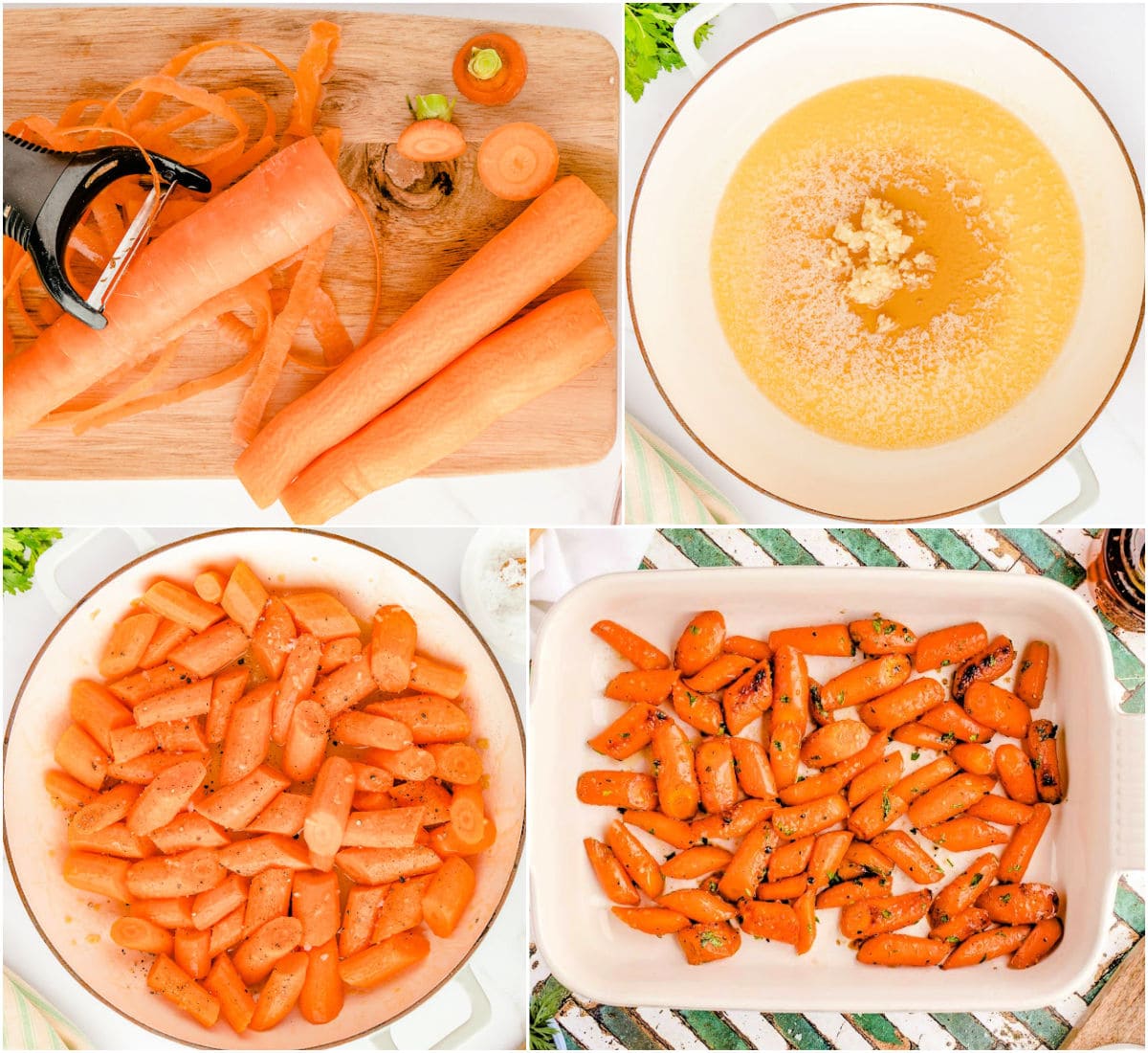 four image collage showing step by step how to make honey glazed carrots.