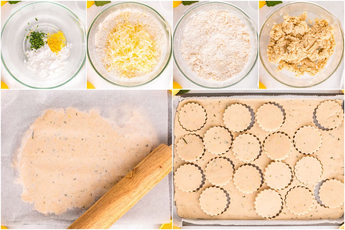 six image collage showing how to make lemon basil shortbread cookies.
