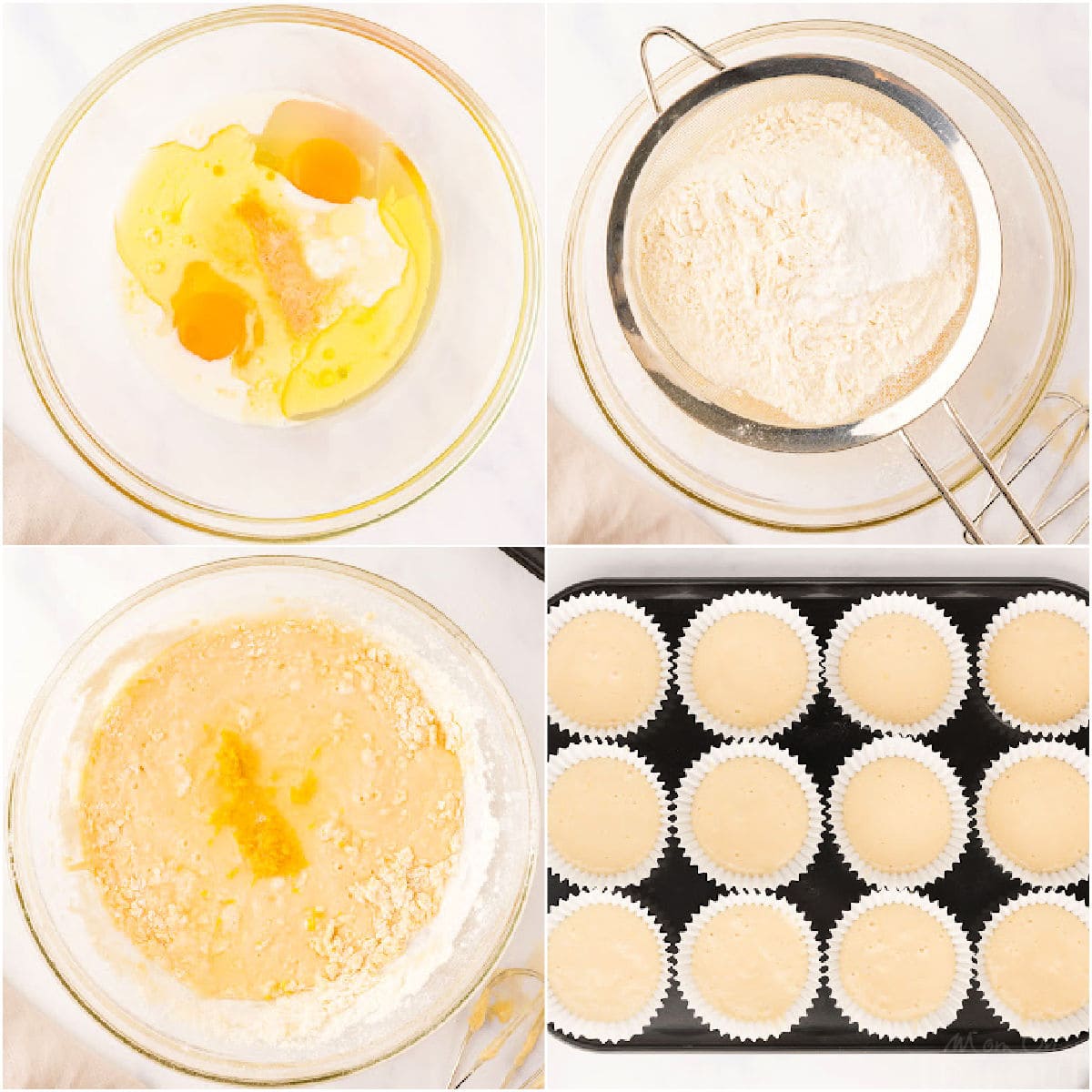 four image collage showing how to make lemon cupcakes step by step.