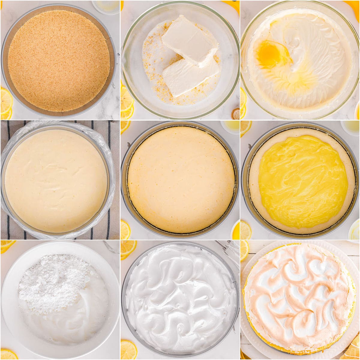 nine image collage showing how to make the lemon meringue cheesecake step by step.