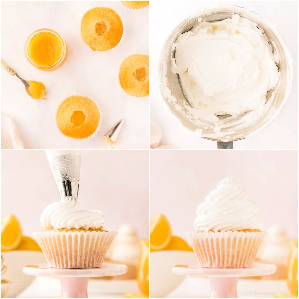 four image collage showing how to assemble the cupcakes including making a hole for the lemon curd and piping on the meringue.