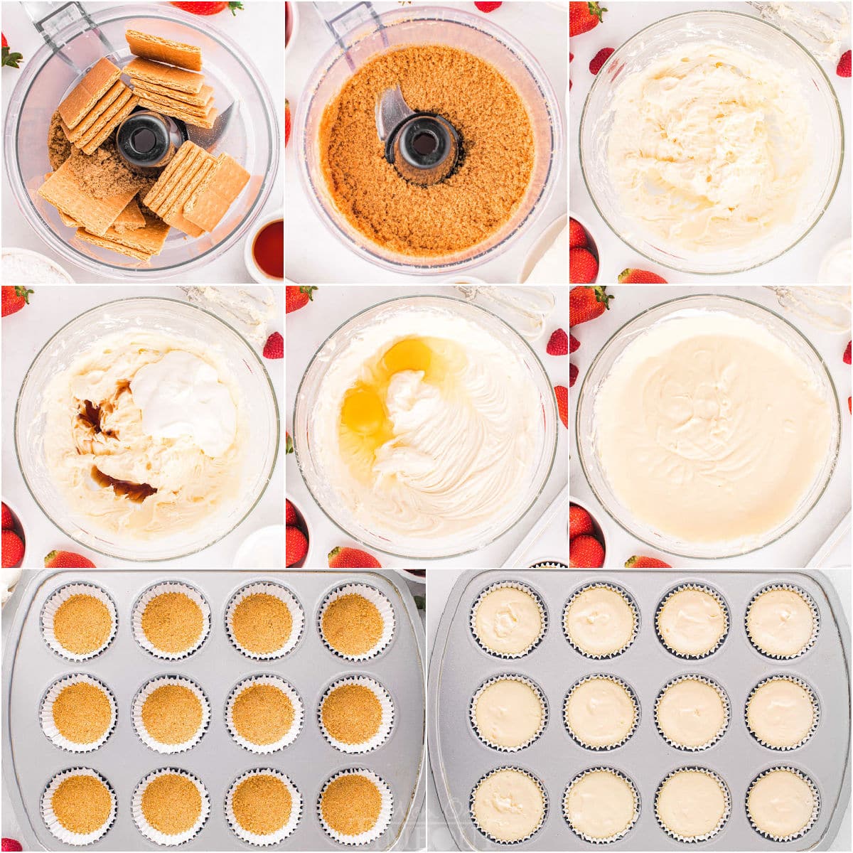 eight image collage showing how to make mini cheesecakes step by step.