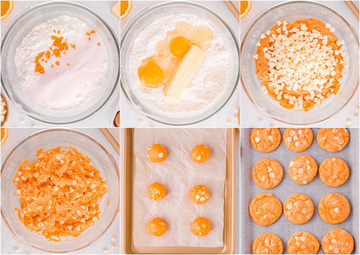 six image collage showing step by step how to make orange cookies.