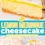 three image collage showing a slice of lemon meringue cheesecake on a plate, a top down view and the cheesecake with one slice removed. center color block with text overlay.