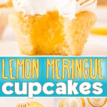 three image collage showing lemon meringue cupcake with bite taken, the cupcake on a light pink cupcake stand and a top down view of a plate with six cupcakes on it. center color block with text overlay.