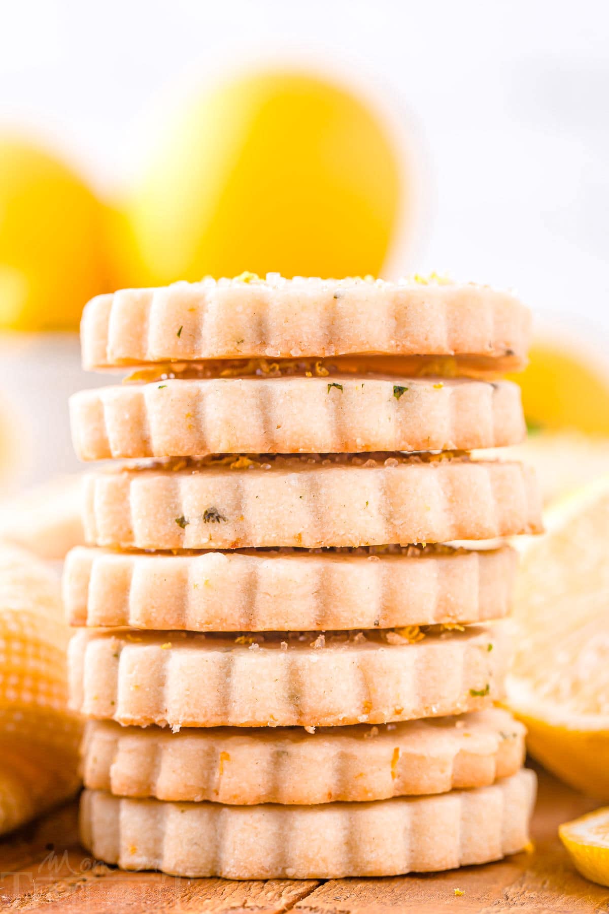 front view of a big stack of shortbread cookies made with lemon and basil.