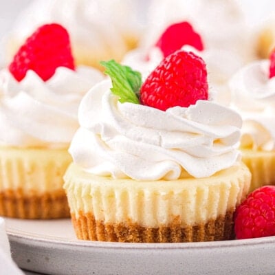 mini cheesecakes sitting on a gray plate topped with whipped cream, raspberries and mint leaves.
