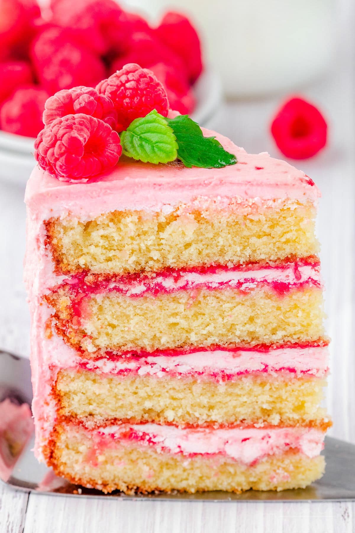 tall slice of vanilla cake with raspberry buttercream between each of the four layers.