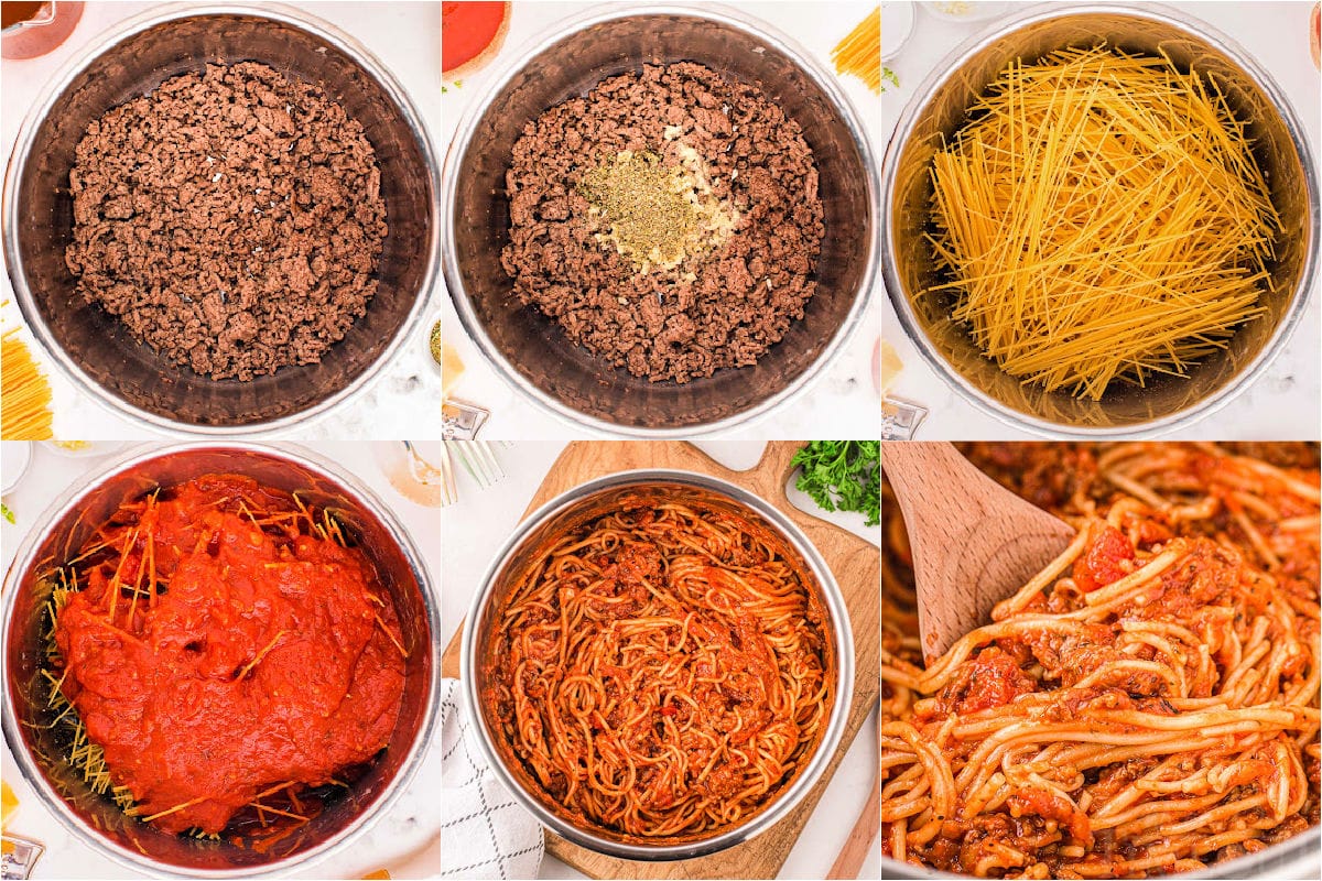 six image collage showing how to make instant pot spaghetti step by step.