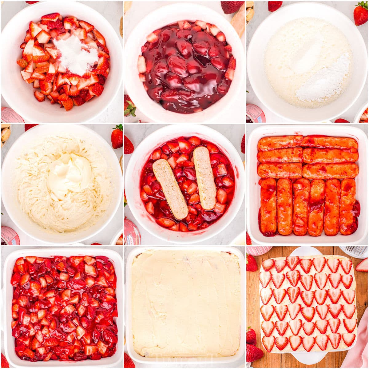 nine image collage showing how to make strawberry tiramisu step by step.