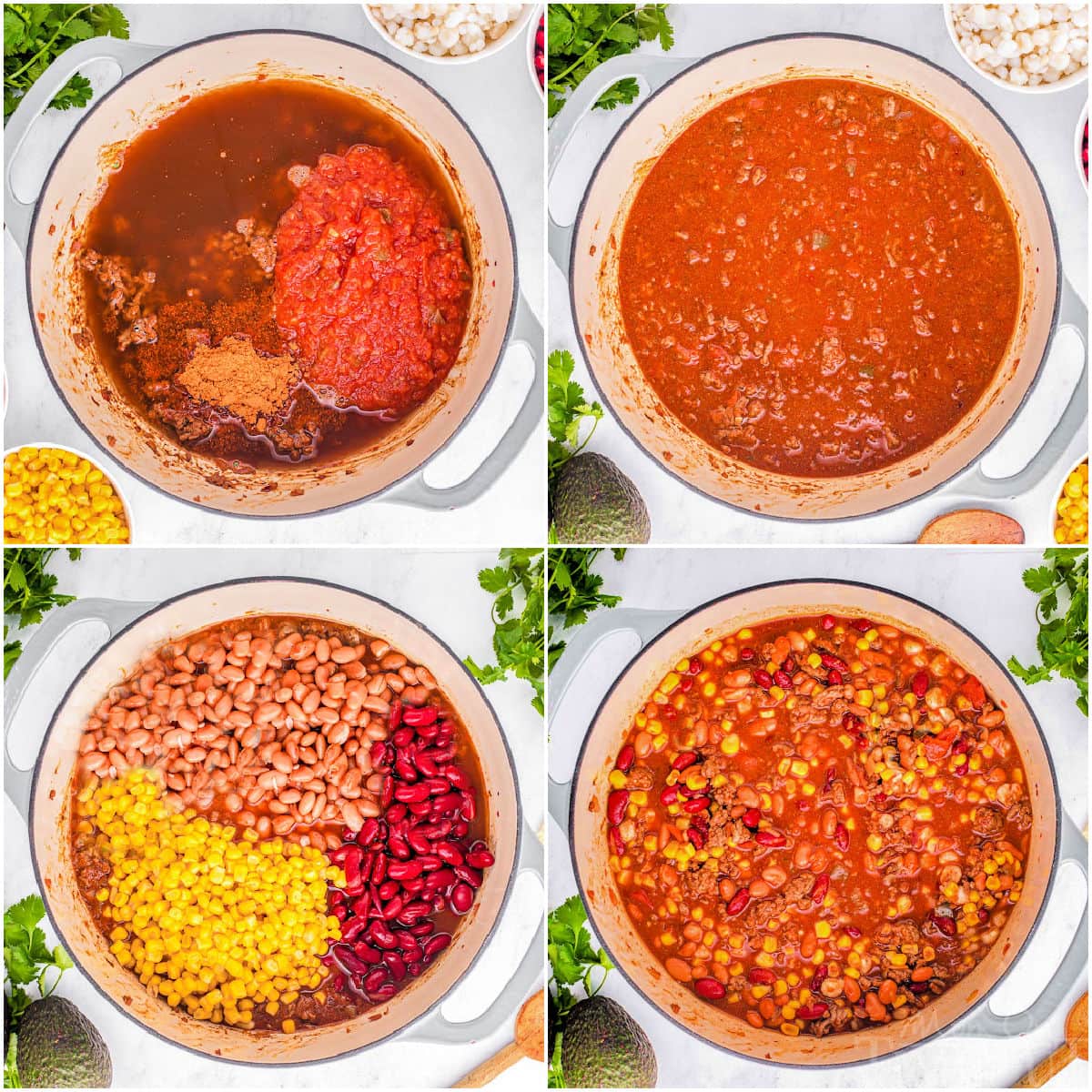 four image collage showing how to make taco soup recipe in a dutch oven.
