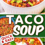 two image collage showing a white bowl filled with taco soup and topped with taco toppings. center color block with text overlay.