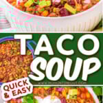 two image collage showing a white bowl filled with taco soup and topped with taco toppings. center color block with text overlay.