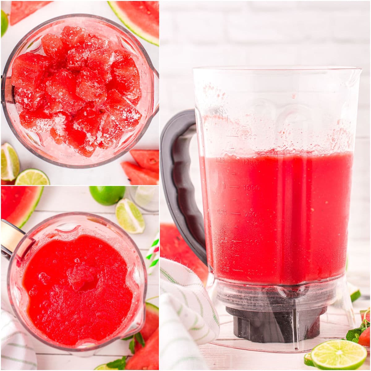 three image collage showing how to make a watermelon slushie.