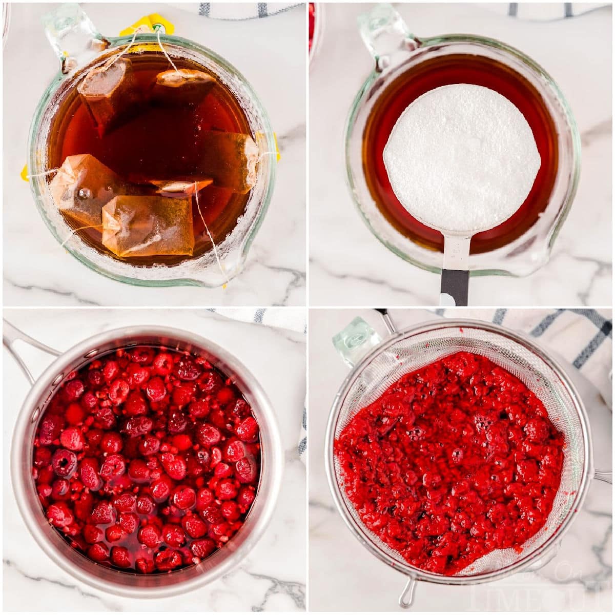 four image collage showing step by step how to make raspberry iced tea.