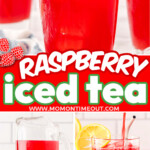 three image collage showing raspberry iced tea in a tall glass as well as in a tall pitcher. center color block with text overlay.