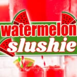 two image collage showing bright red watermelon slushie in tall glasses garnished with small watermelon wedge and mint. center color block with text overlay.