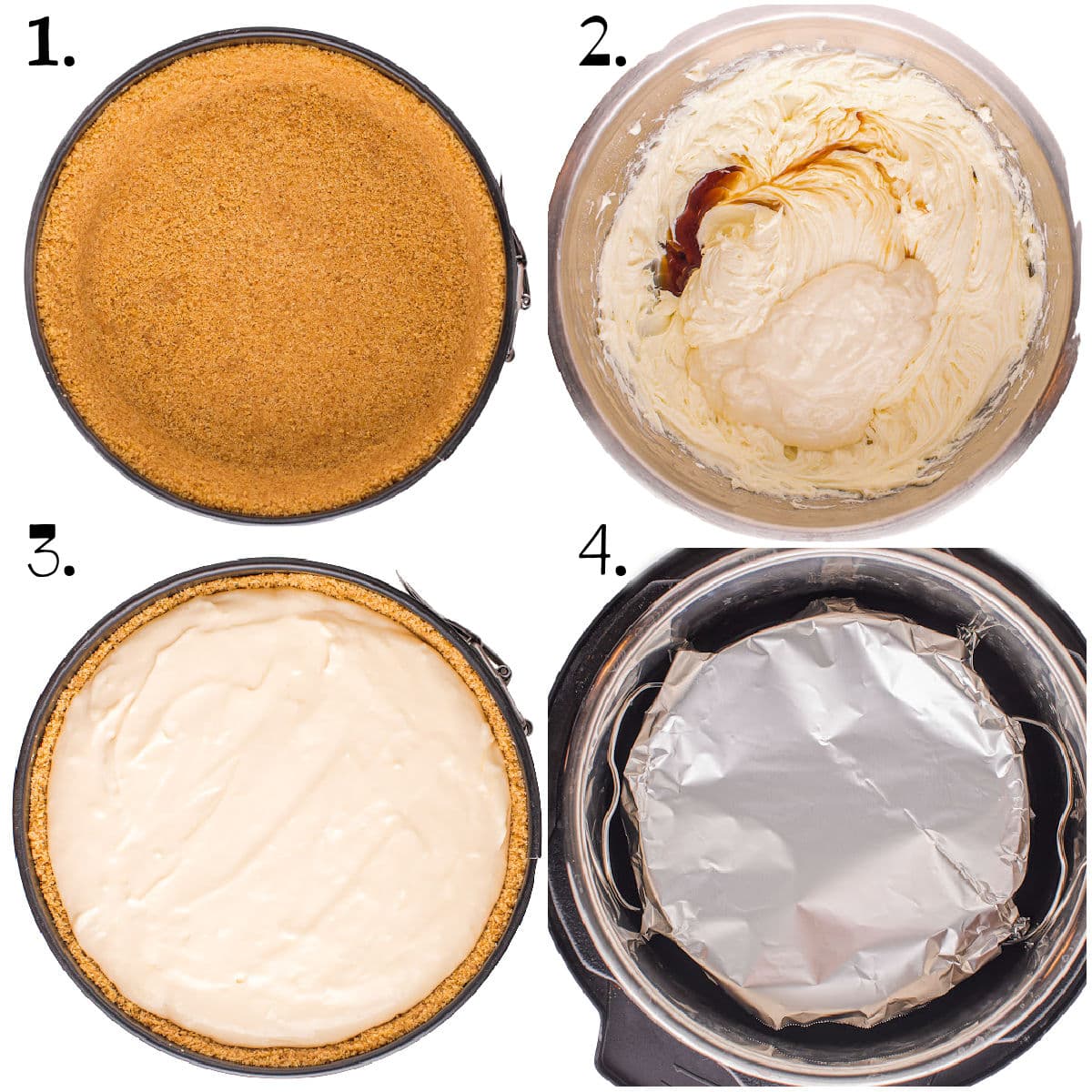 four image collage showing how to assemble and cook a cheesecake in an instant pot.