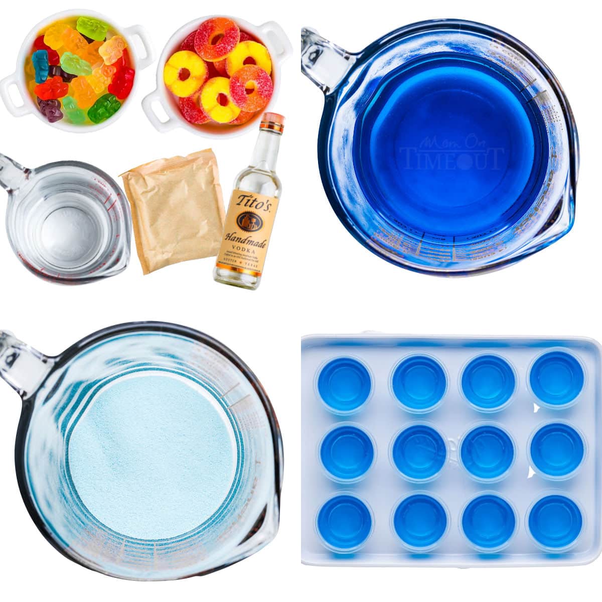 four image collage showing step by step how to make pool party jello shots.
