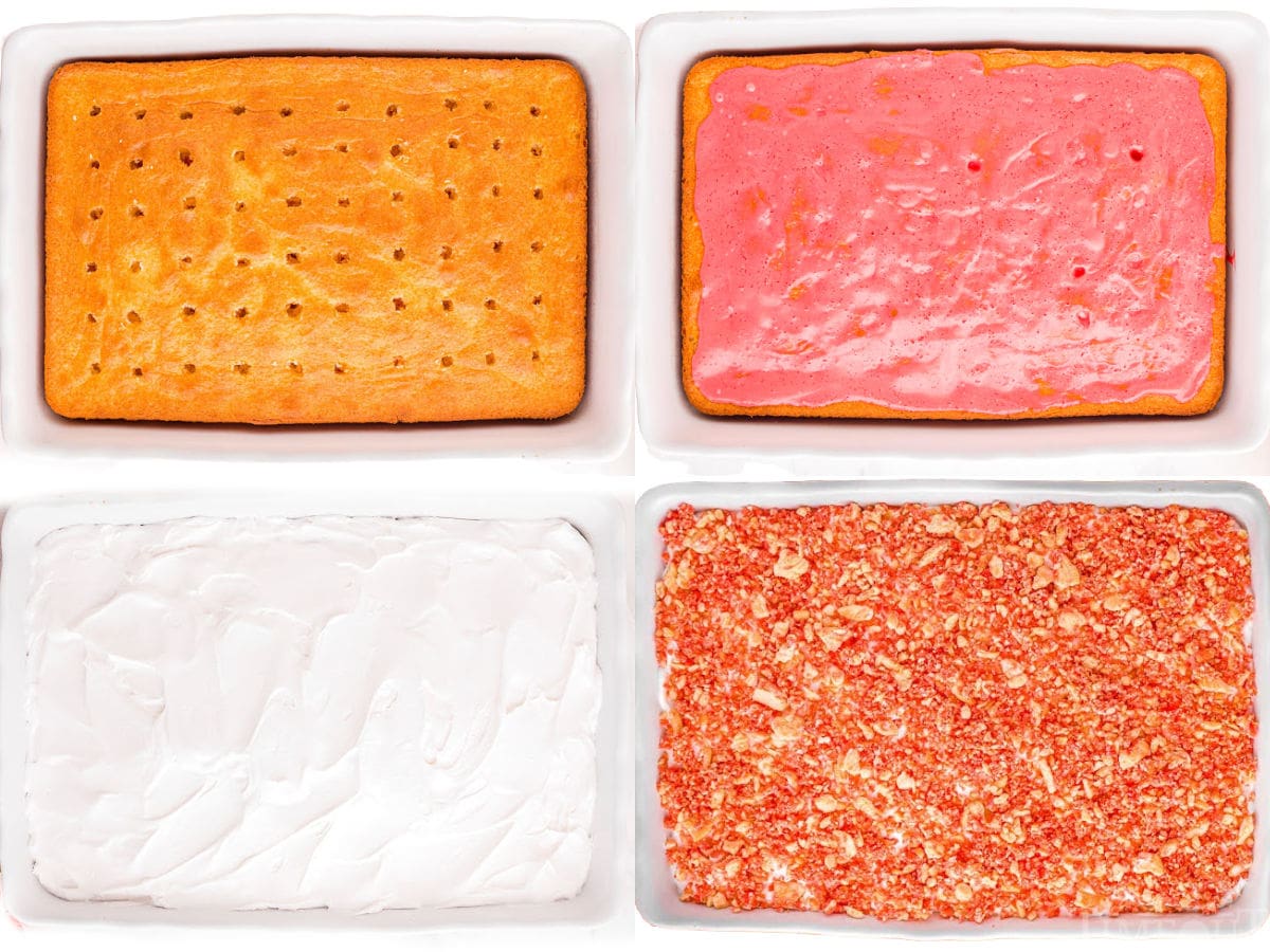 four image collage showing how to make a strawberry poke cake with crunch topping.