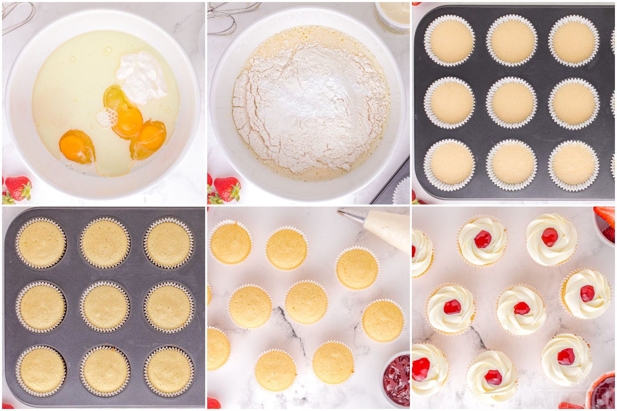 six image collage showing how to make strawberry shortcake cupcakes step by step.