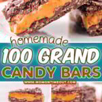 three image collage showing homemade 100 grand candy bars stacked three high, at an angle on a white plate and another image that shows the caramel center. center color block with text overlay.