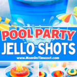 three image collage with center color block overlay. top image shows a single blue jello shot with a peach ring and gummy bear. two bottom images show the jello shots stacked and on a wood board ready to be enjoyed.