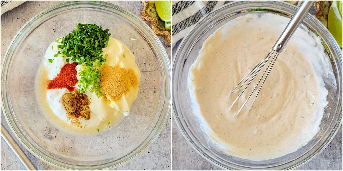 two image collage showing how to make fish taco sauce.