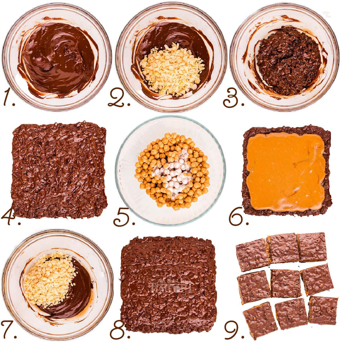 nine image collage showing step by step how to make this 100 grand bar recipe.