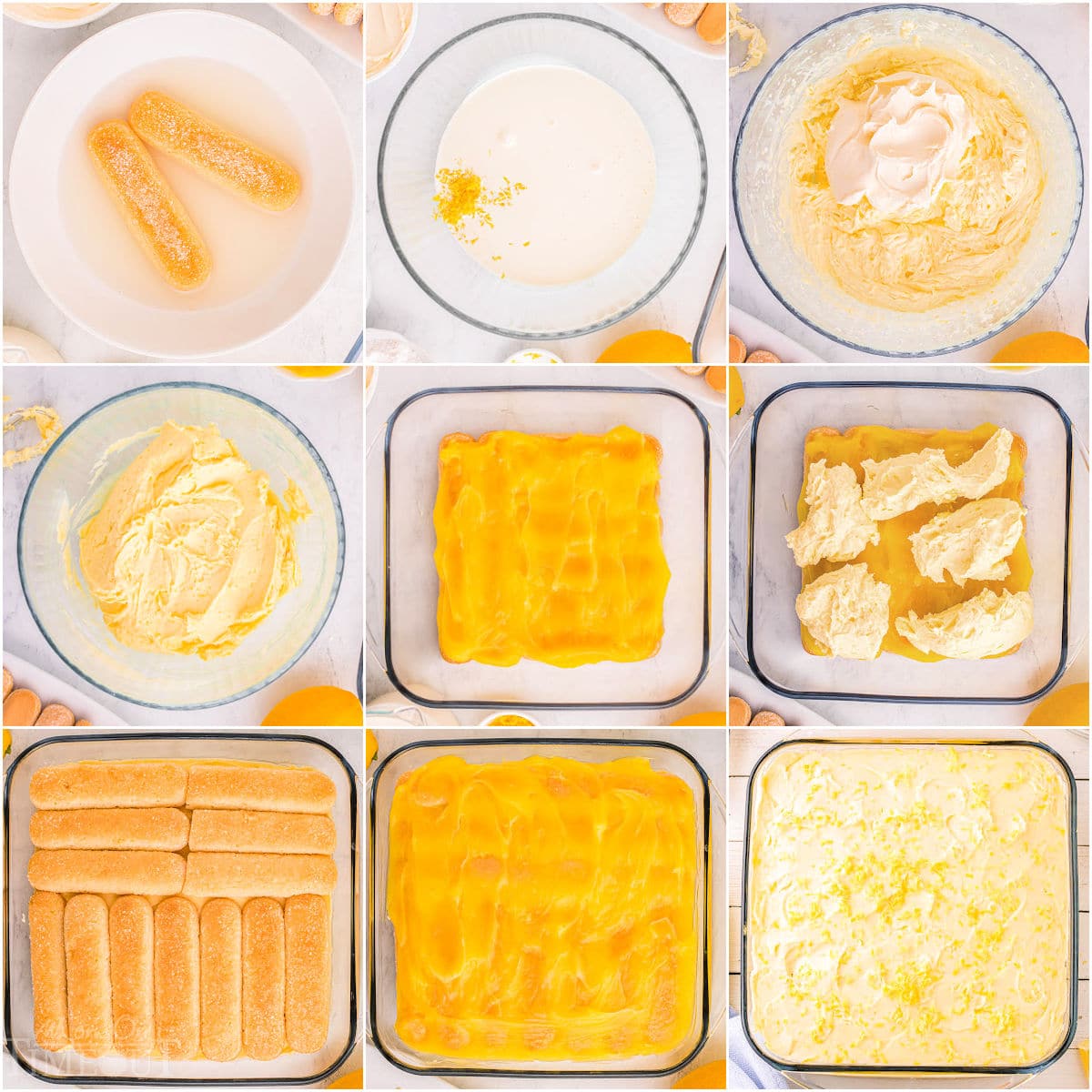 nine image collage showing step by step how to make and assemble the lemon tiramisu dessert.
