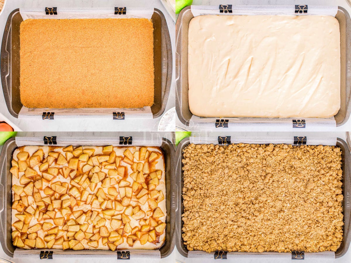 four image collage showing the four layers of the caramel apple cheesecake bars being assembled.