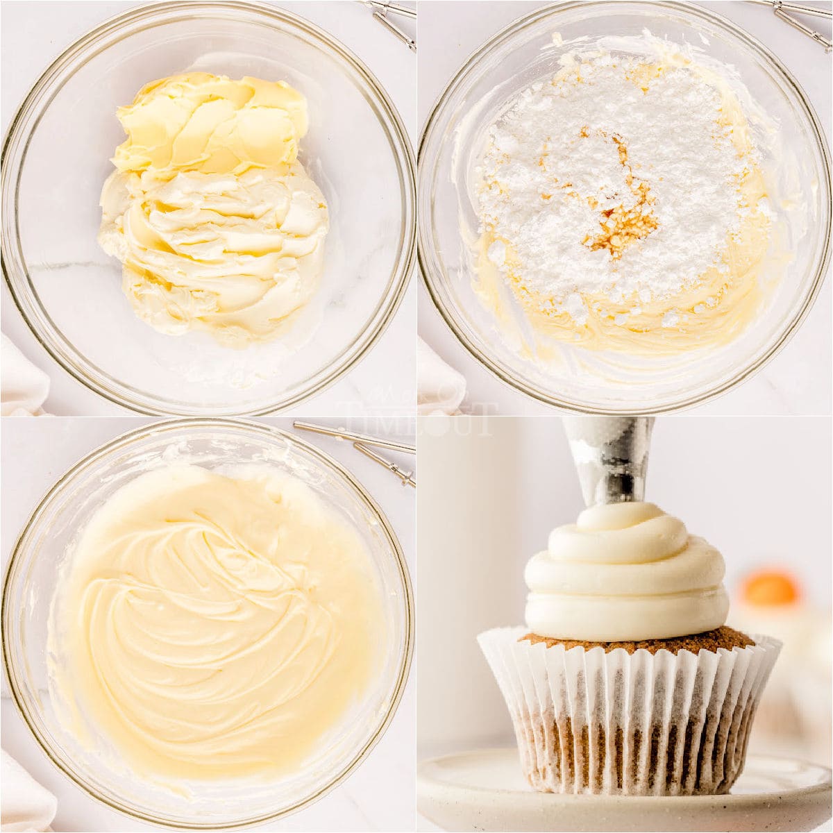 four image collage showing how to make cream cheese frosting and last image shows the frosting being piped onto the pumpkin cupcake.