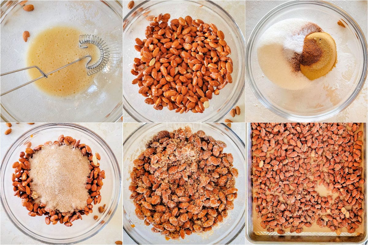 six image collage showing how to make candied almond step by step from an overhead perspective.