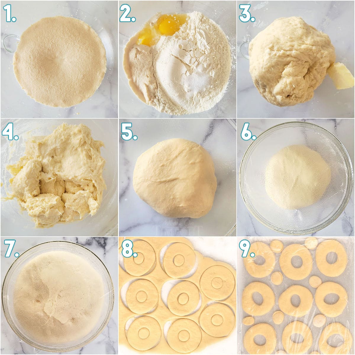 nine image collage showing how to make glazed donuts step by step. steps are numbered.
