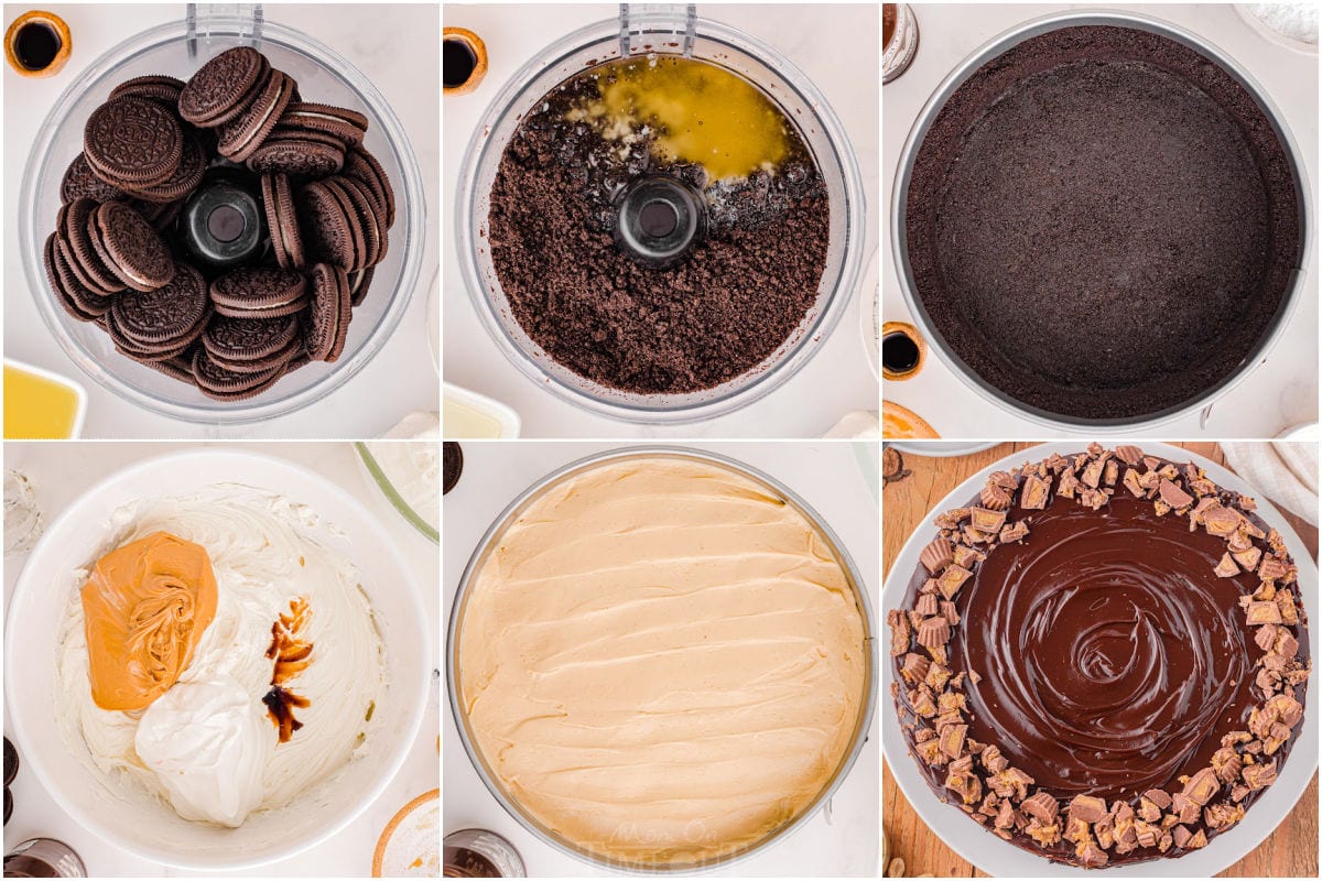 six image collage showing how to make a peanut butter cheesecake.
