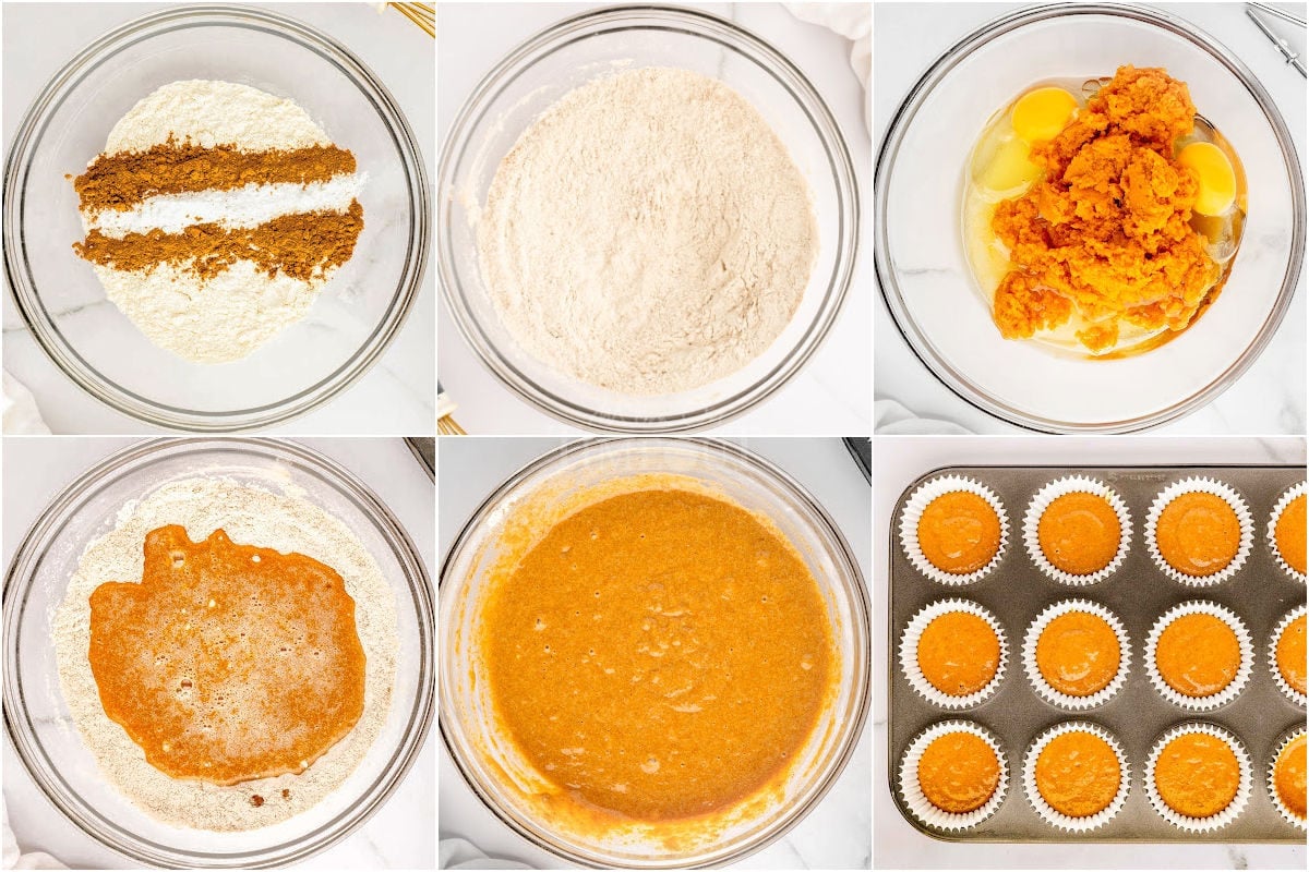 six image collage showing how to make pumpkin cupcakes step by step.