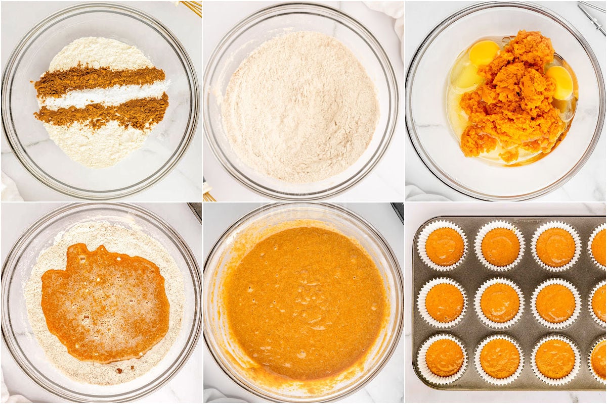 six image collage showing how to make pumpkin cupcakes step by step.