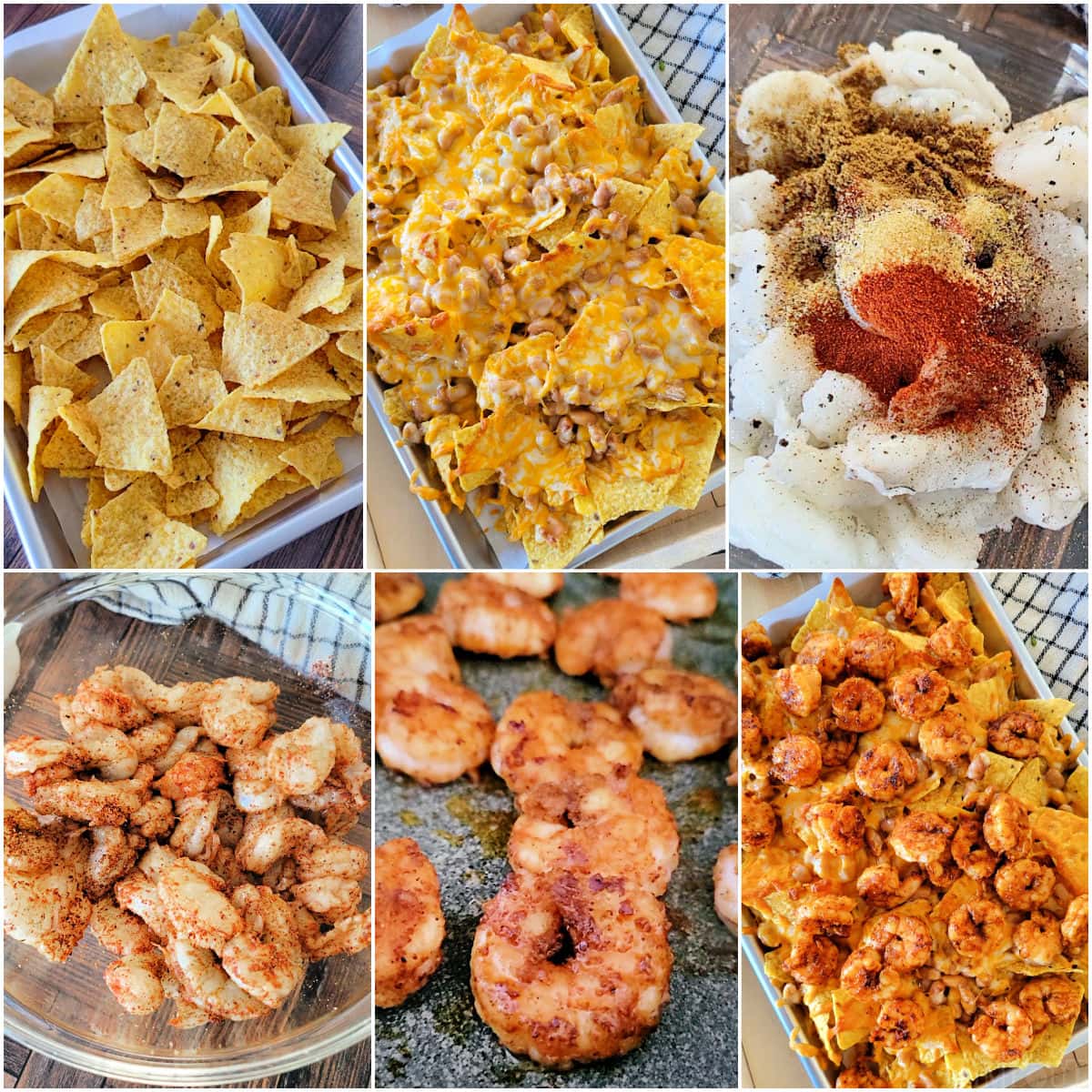 six image collage that shows how to make shrimp nachos step by step including seasoning the shrimp.