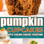 three image collage showing pumpkin cupcake with cream cheese frosting with a bite taken on top. the bottom two images show a whole cupcake in a white paper liner topped with a fondant pumpkin. center color block with text overlay.