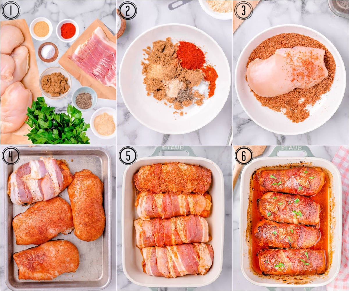 six image collage showing how to make bacon wrapped chicken breasts step by step.