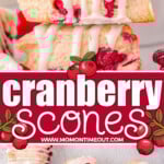 two image collage of cranberry scones with simple glaze drizzled on top. top image shows two scones stacked and bottom image is a top down view. center color block with text overlay.