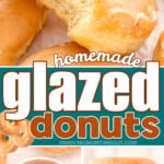 three image collage showing perfectly glazed donuts. top image shows a donut with a bite out of it and the two bottom images show the donut holes and a stack of three glazed donuts. center color block with text overlay.
