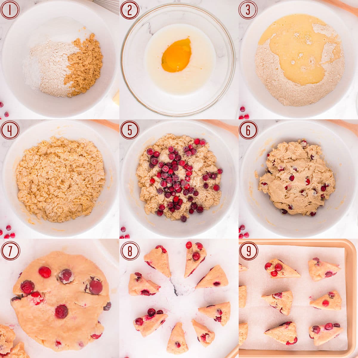 nine image collage showing how to make cranberry scones step by step